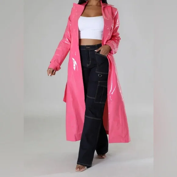 Pink Faux Leather Trench Coat - Picture 5 of 5
